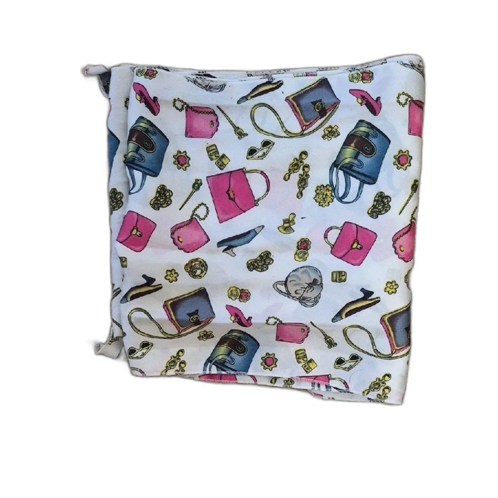 Vintage Novelty Print Silk Scarf White Pink Retro Camera Sunglasses Makeup
